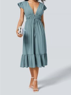 HALARA Dusty Sage V-Neck Midi Dress with Tie Waist